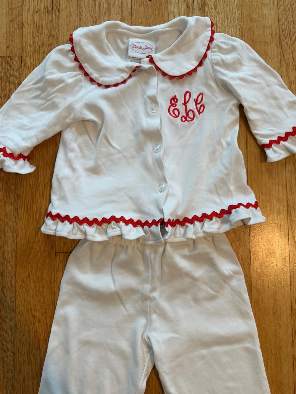 White and Red Trim Girls Pajama Set with Monogram